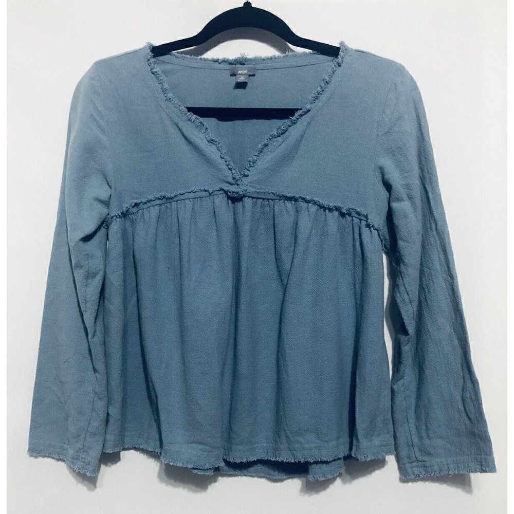 Aerie American Eagle Womens Size XS Blue Raw Hem Empire Waist Top Long Sleeves